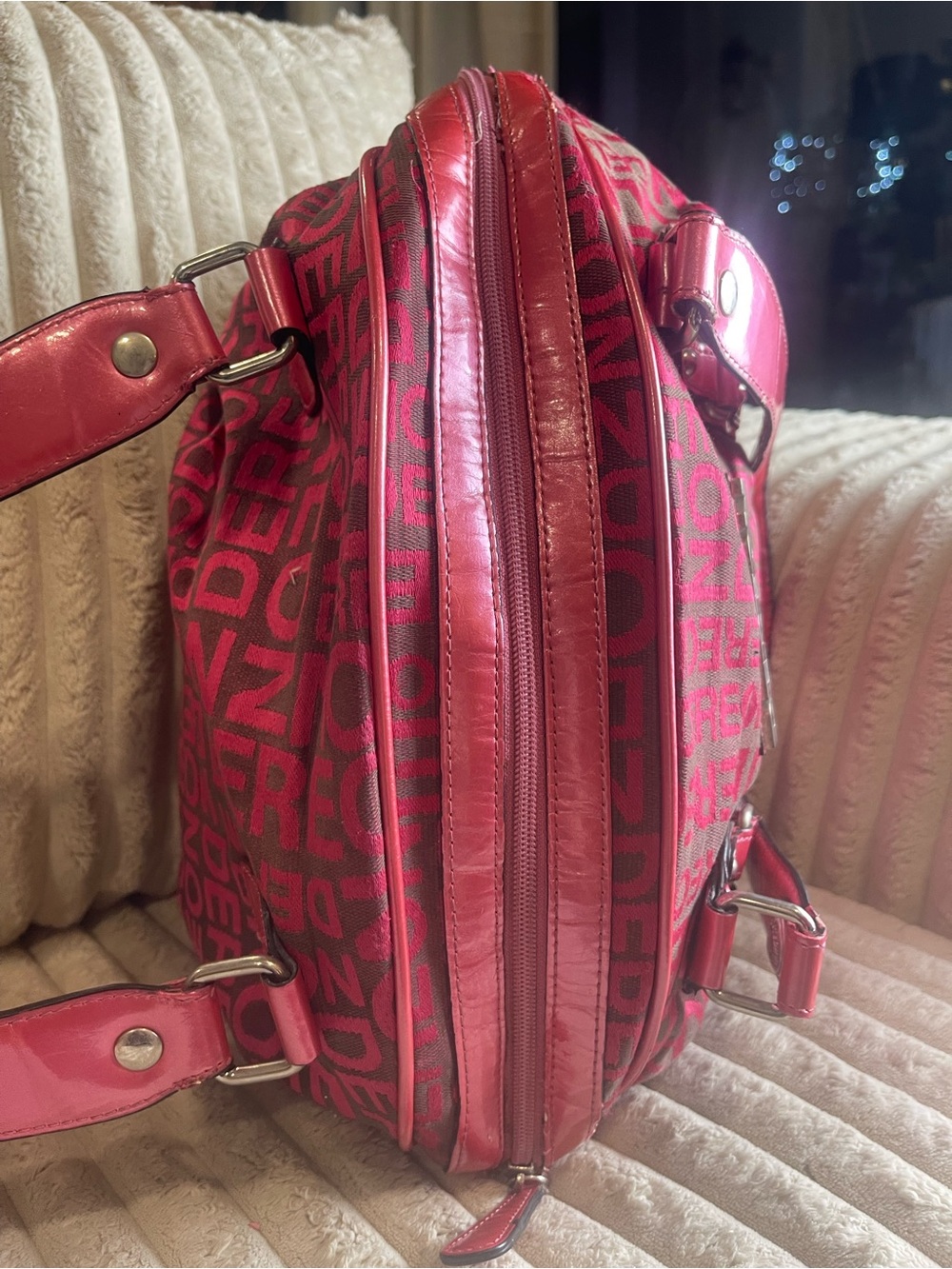 Dereon Pink Brown Monogram Satchel Shoulder Bag Purse Hardware Accents - Picture 9 of 10